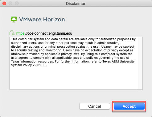 VMWare Horizon Disclaimer pop up