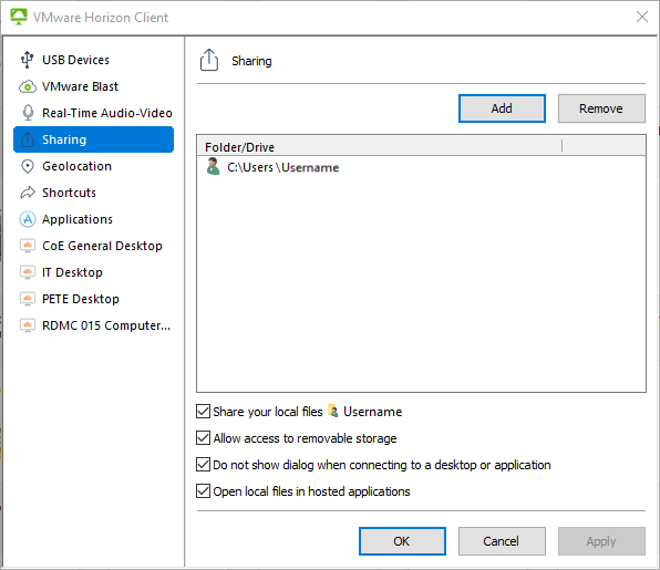 VMWare Horizon Client Sharing settings